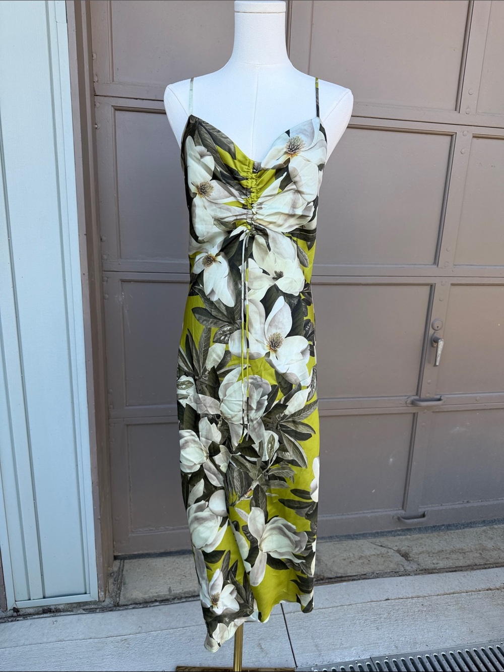 AllSaints Olive Green Floral Tie-Front Midi Dress